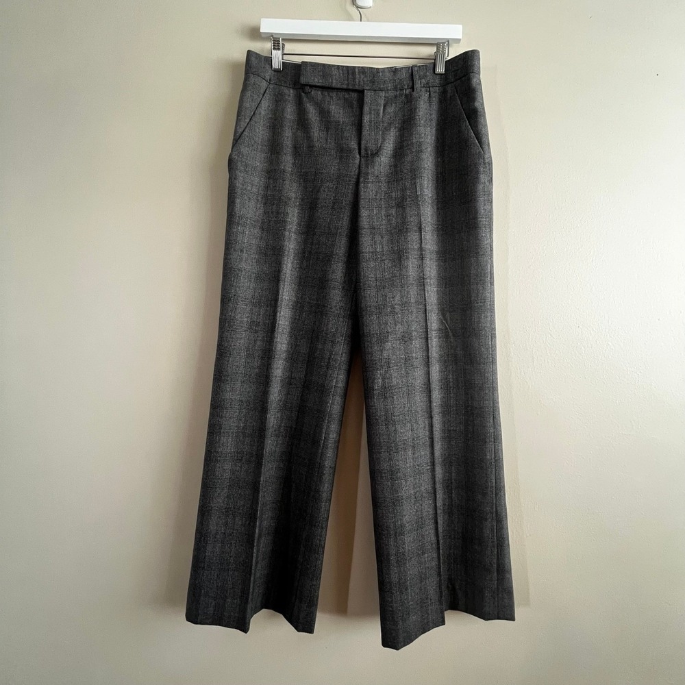 Strenesse gray glen plaid wool wide leg trousers size 8 cropped tailored